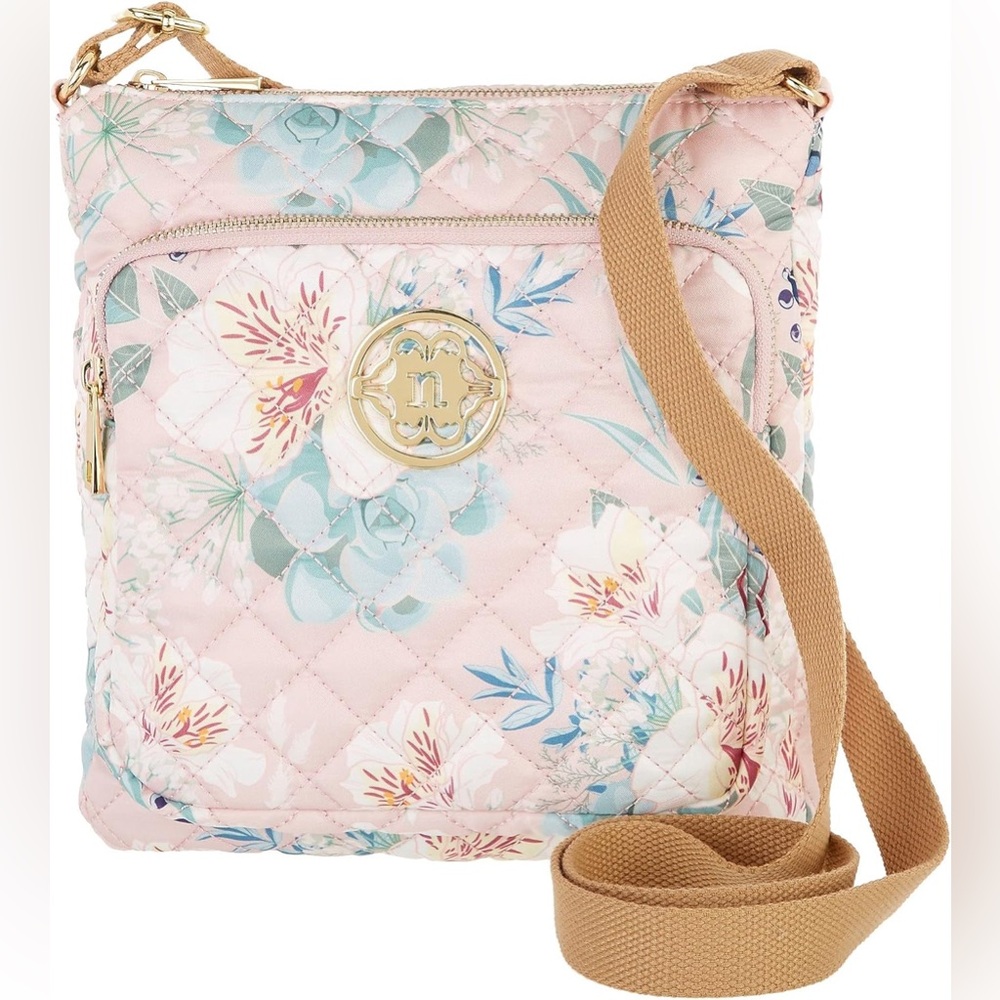 Nanette Lepore Nylon Diamond Quilted Pink Floral Print Crossbody Bag